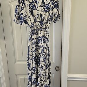 SHEIN White Midi Dress with Blue Floral Print